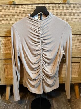 entro Light Taupe Ruched Mock Neck Long Sleeve Top